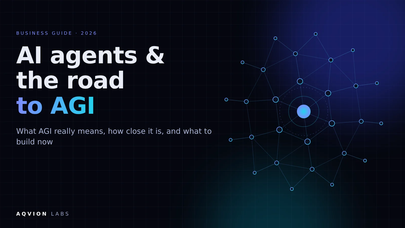 AI agents and the road to AGI: a 2026 business guide by AQVION LABS, with a neural network illustration