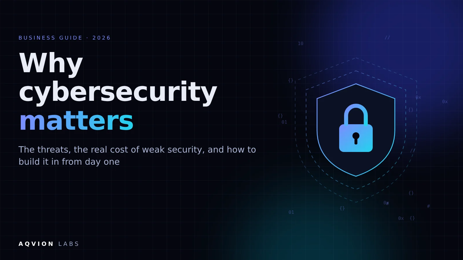 Why cybersecurity matters in 2026: a business guide by AQVION LABS, with a shield and padlock illustration